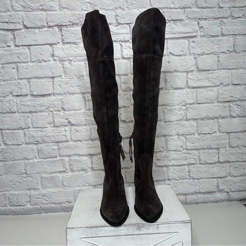 Dolce Vita OTK Gray Suede Stitched Western Over The Knee Boots